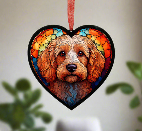 Cockapoo Apricot Stained Glass Effect Heart Suncatcher